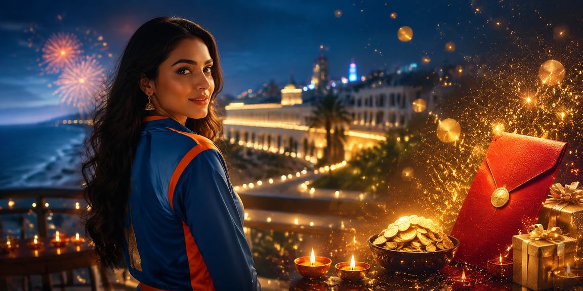 Diwali festival scene in Delhi with people playing Teen Patti and cricket betting online