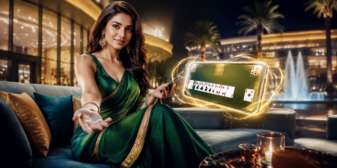 Woman enjoying rummy gaming in traditional saree