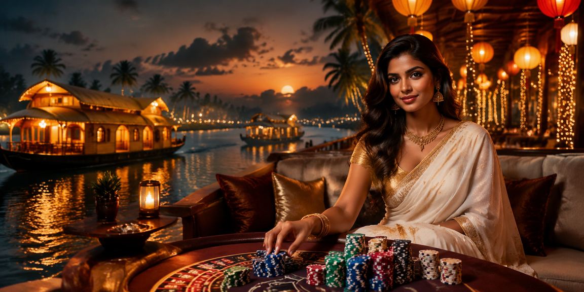 Woman playing live casino games near Kerala backwaters