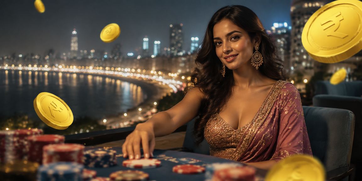 View of Marine Drive at night with rupee symbol and betting graphics